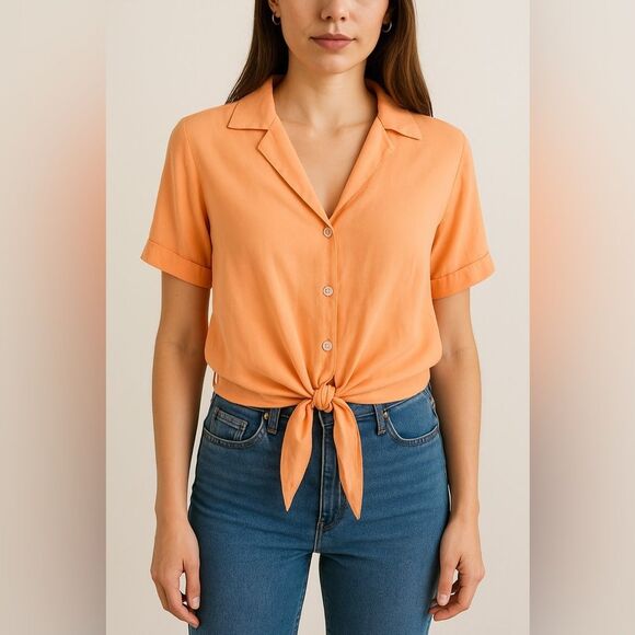 Joie Tie-Front Blouse – Short Sleeve, Button-Up, Orange, Size S - Picture 1 of 8